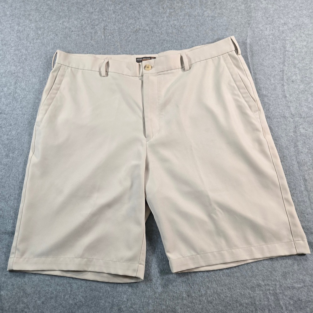 Peter Millar Crown Sport Mens 36 Khaki Tan Performance Golf Shorts Flat Front